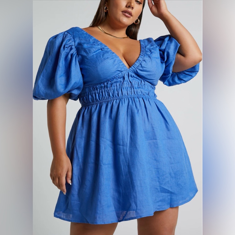 Showpo Puff Sleeve Plunge Mini Linen Dress (Magenta)